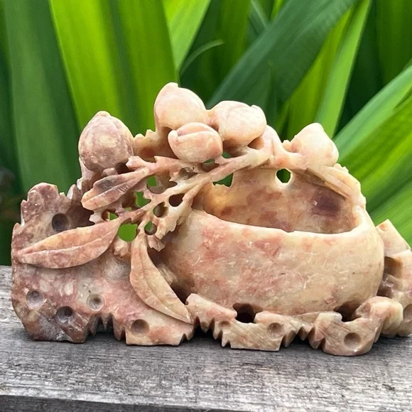 Vintage Chinese Hand-Carved Soapstone Sculpture – Leaves, Fruit